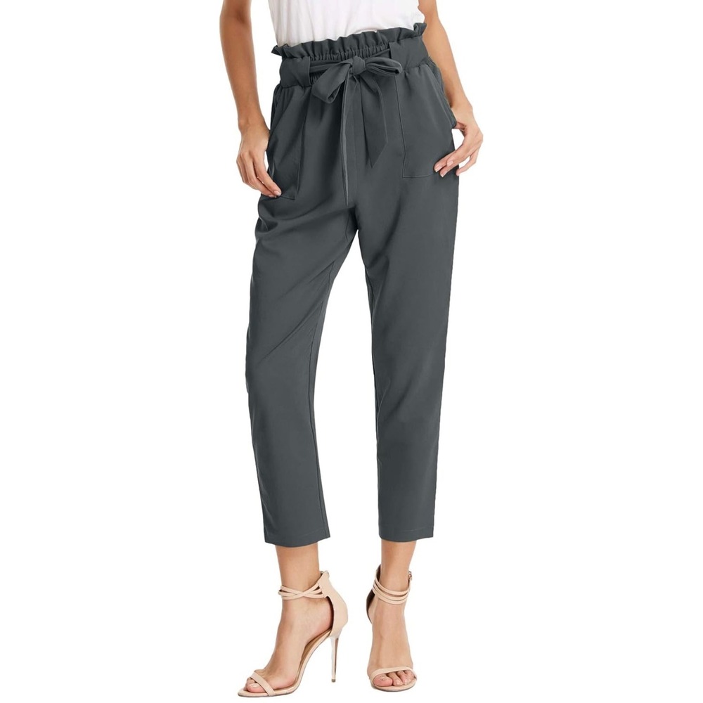 Grace Karin gray paper bag pants pockets elastic high waist cropped Medium